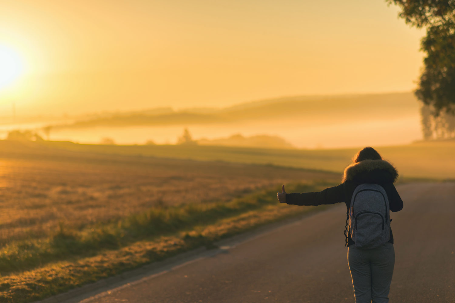 Girl in a coat and with a backpack hitchhiking in early morning light by a roadside from Prague to Budapest