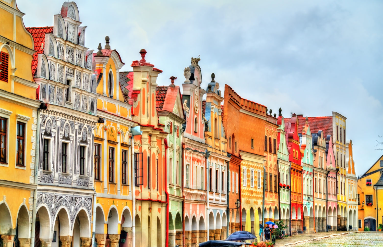 Row of colourful houses in Telc, Czech Republic during a road trip from Prague to Budapest