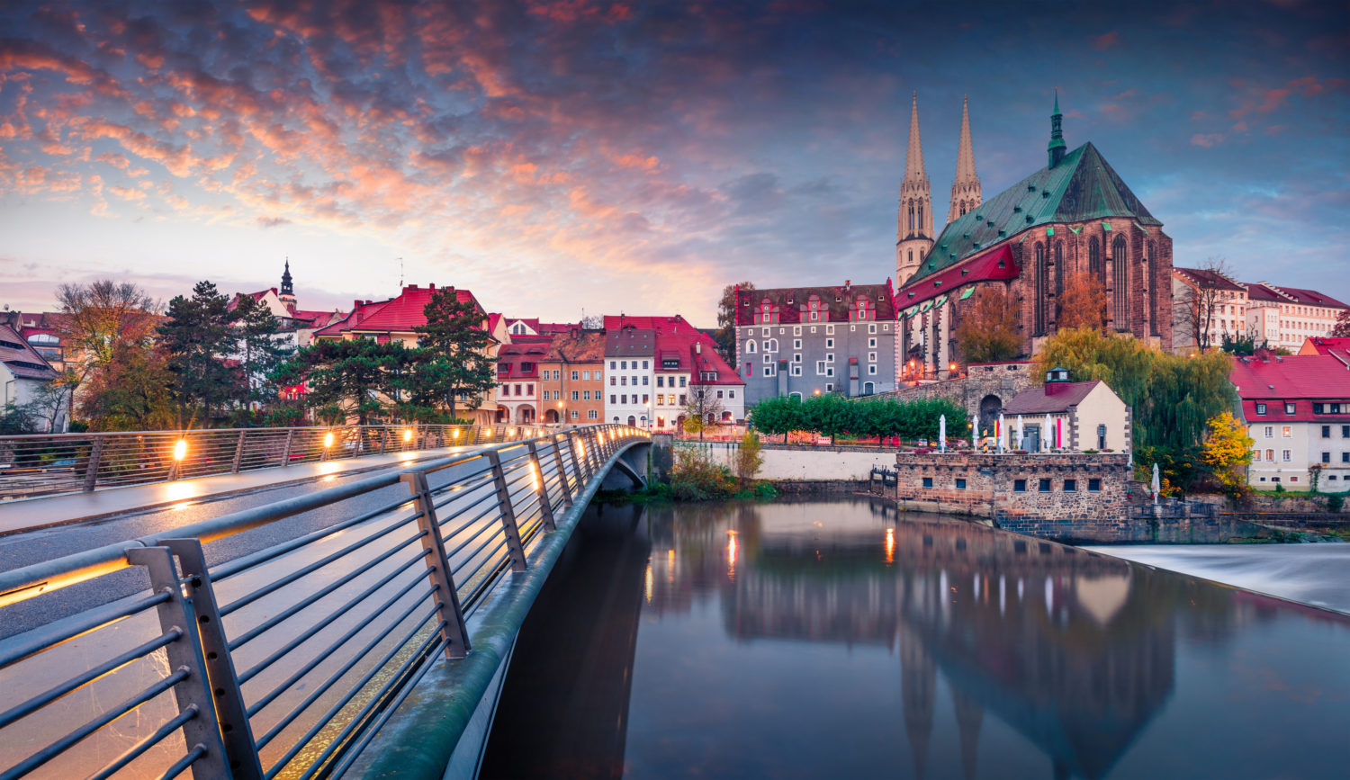 Sunrise over Gorlitz St Peter and Paul's Church during a road trip from Prague to Berlin