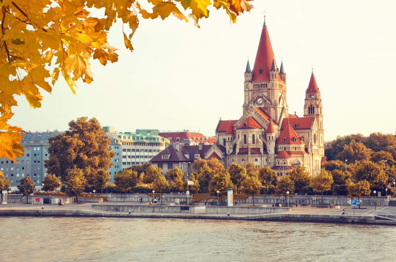 View over the river at the church Heiliger Franz of Assisi at Mexikoplatz, Vienna, Austria