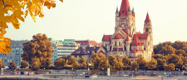 View over the river at the church Heiliger Franz of Assisi at Mexikoplatz, Vienna, Austria