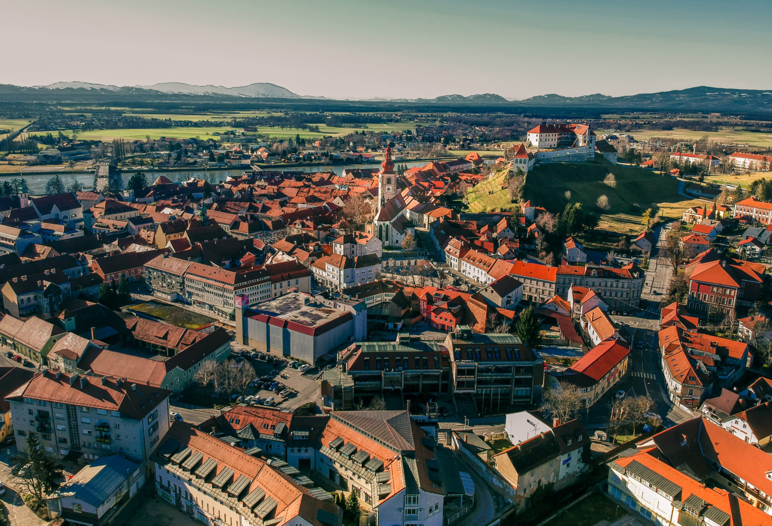 Aerial view of Ptuj in Slovenia while on a road trip from Budapest to Zagreb