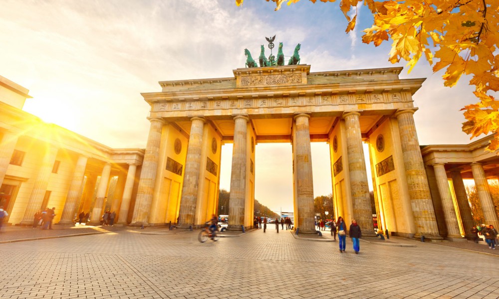 Brandenburg gate in Berlin at golden sunset