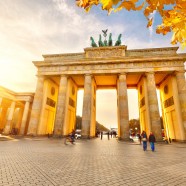 Brandenburg gate in Berlin at golden sunset