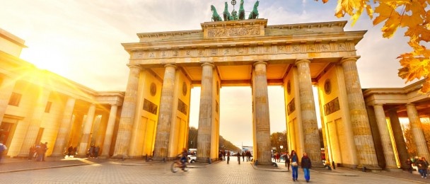 Brandenburg gate in Berlin at golden sunset