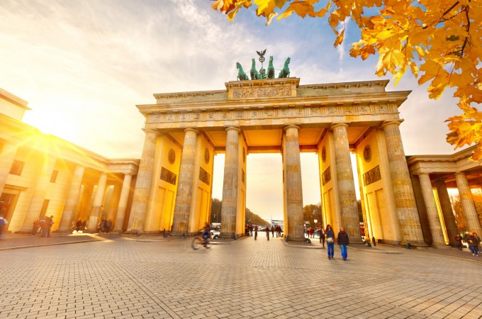 Brandenburg gate in Berlin at golden sunset