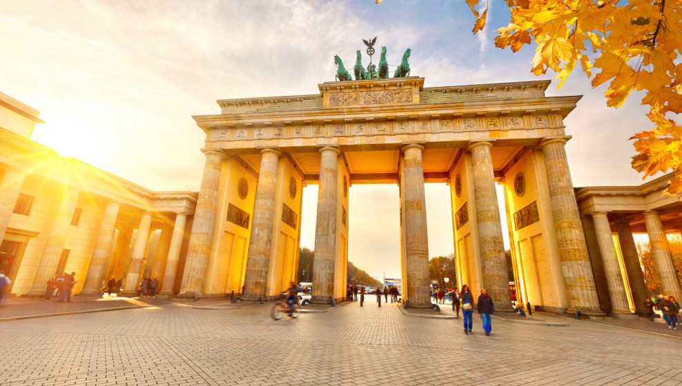 Brandenburg gate in Berlin at golden sunset