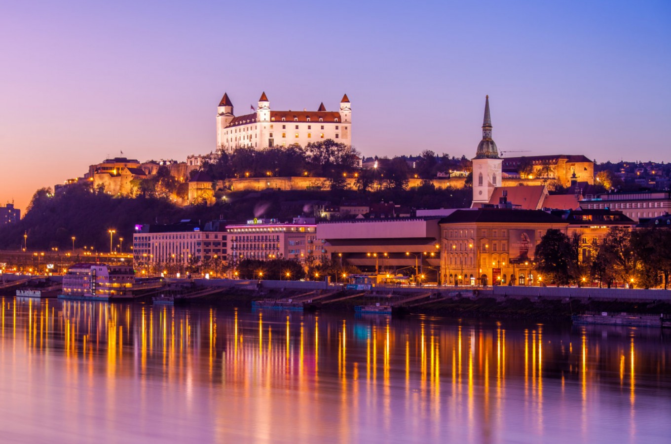 Sunset view of Bratislava Old Town and castle