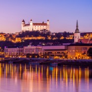 Sunset view of Bratislava Old Town and castle