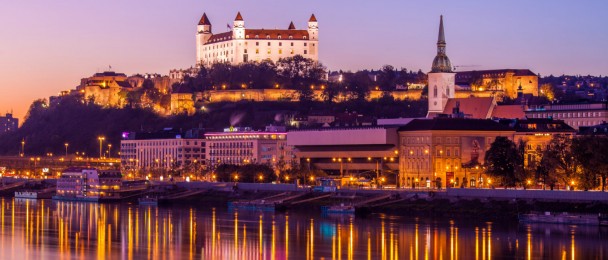 Sunset view of Bratislava Old Town and castle