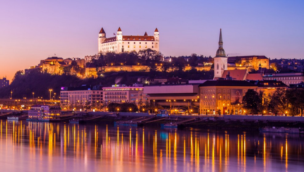Sunset view of Bratislava Old Town and castle