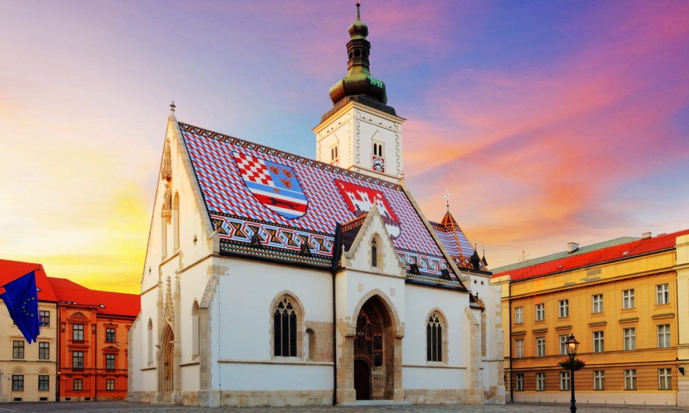 Sunset view of St Mark's Church in Zagreb