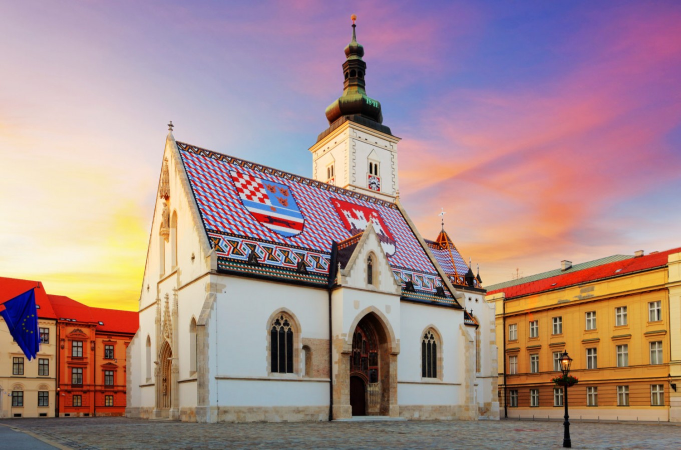 Sunset view of St Mark's Church in Zagreb
