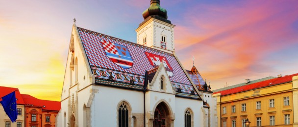 Sunset view of St Mark's Church in Zagreb