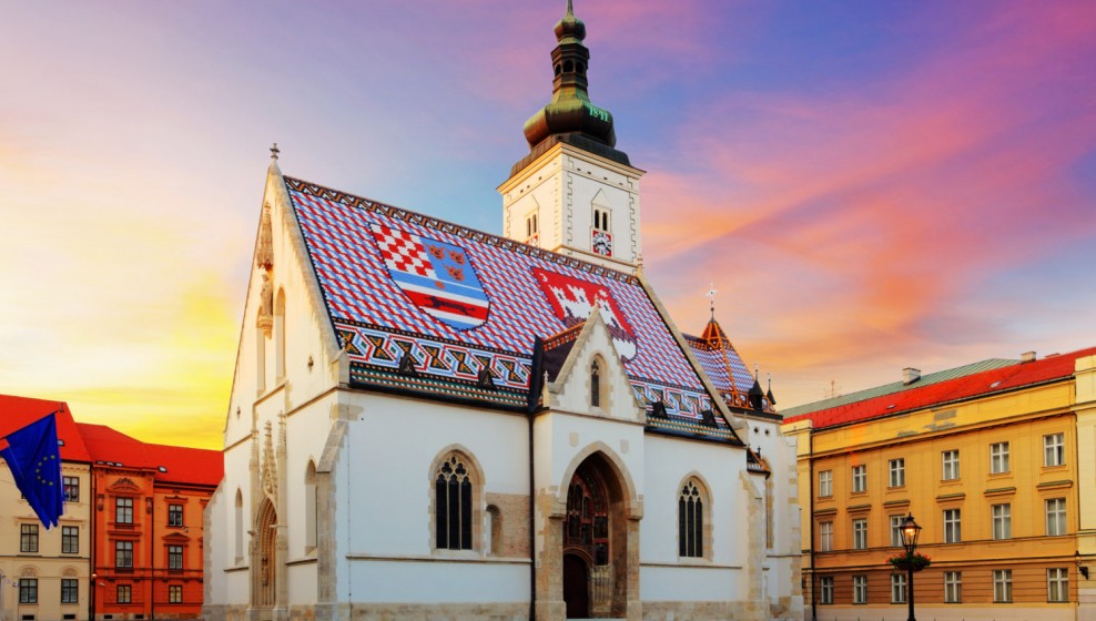 Sunset view of St Mark's Church in Zagreb