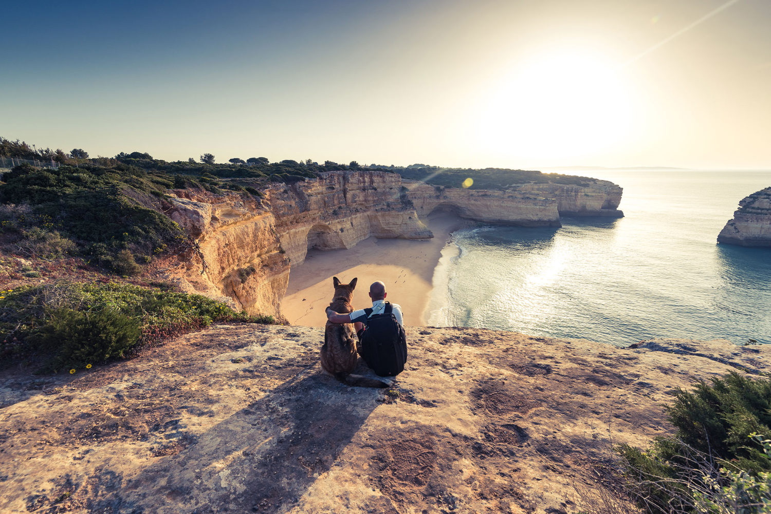 Man and dog overlooking seaside cliffs in Portugal